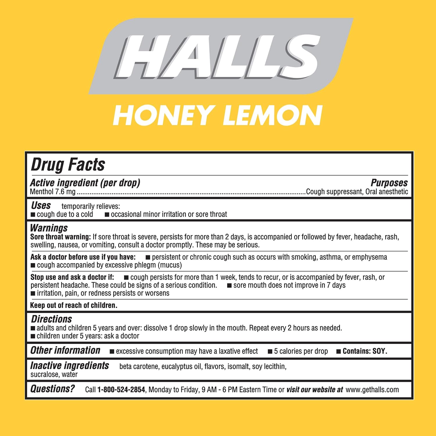 HALLS Sugar Free Honey Lemon Flavor Cough Drops, 1 Bag (180 Total Drops) : Grocery & Gourmet Food
