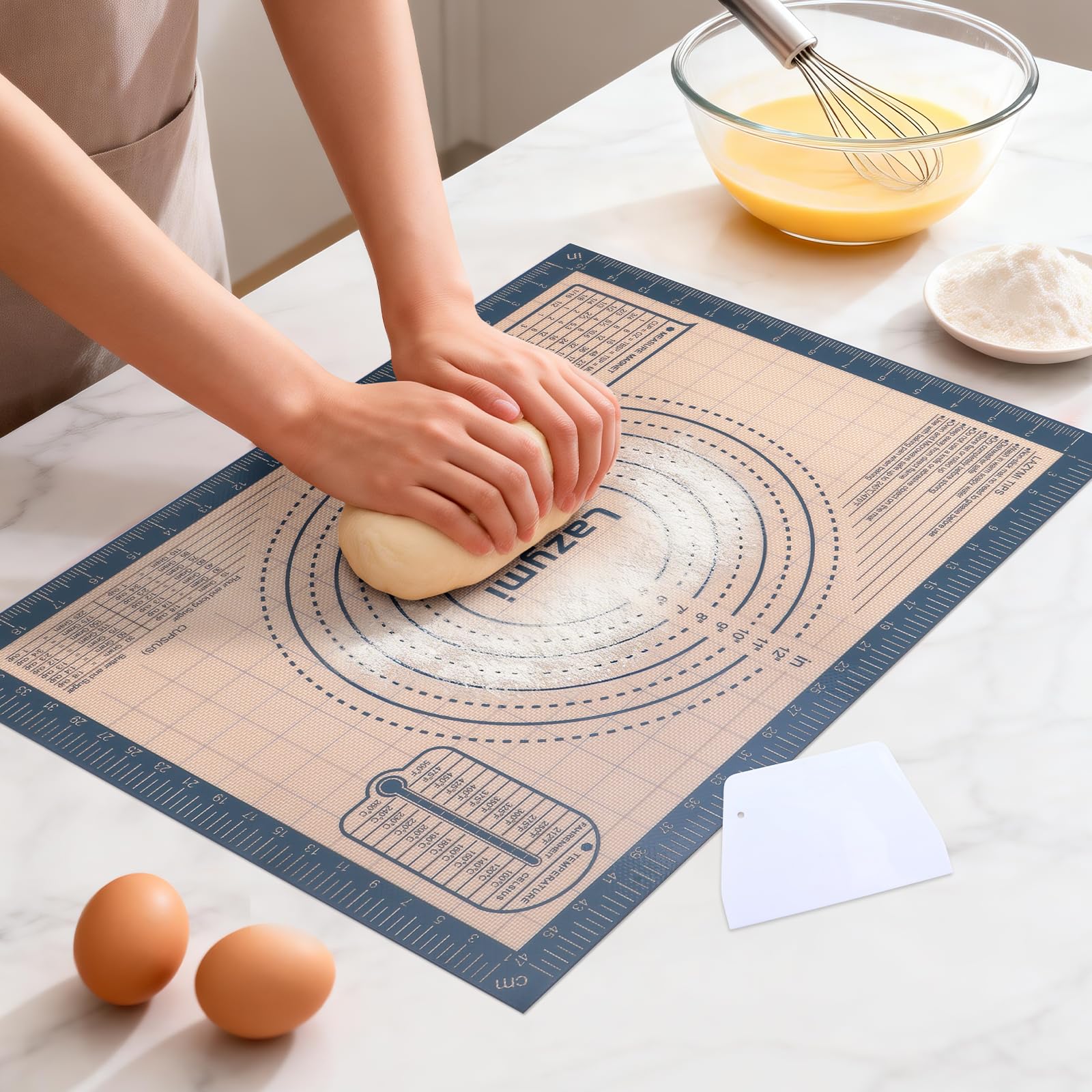 Lazymi Thick Silicone Baking Mat: 40 x 50cm Non Stick Pastry Rolling Mat with Measurement , Non-Slip Silicon Dough Kneading Mat , Silicone Baking sheet for Pie/Cake/Pizza/Fondant Icing (Grey+Scraper)