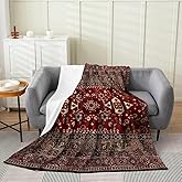 Boho Tribal Boho Throw Blanket, 50x60 Inch, Vintage Lattice Bohemian Fleece, Dark Red Antique Grid Damask Inspired Medallion Egyptian Microfiber Fuzzy