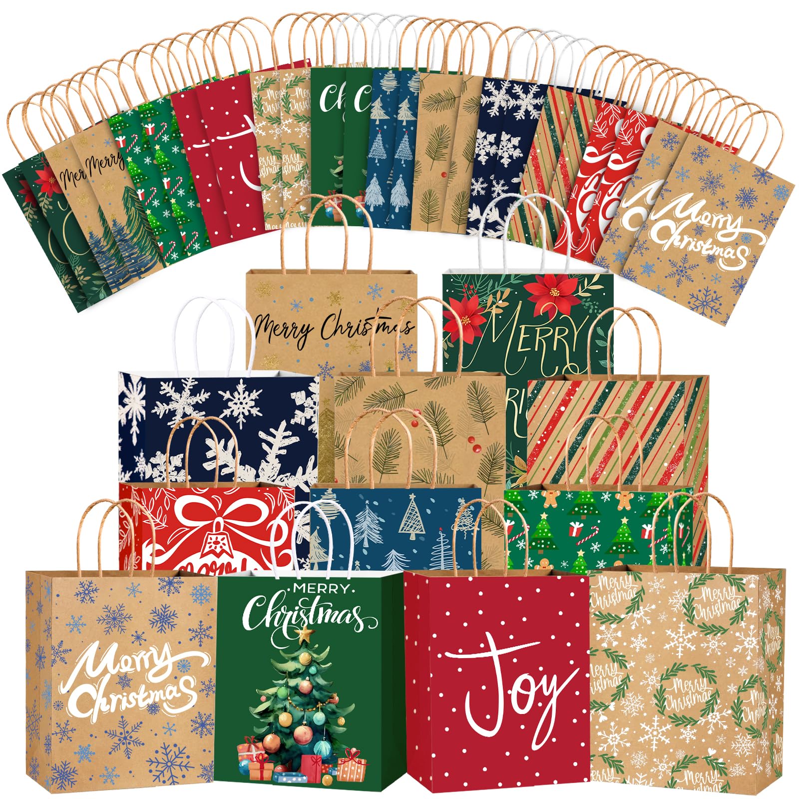 24PCS Christmas Gift Bags，Christmas Kraft Paper Reusable Small