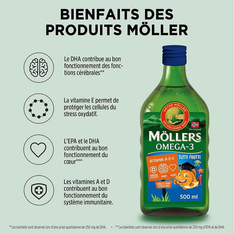Moller’s ® | Huile de foie de morue enfant oméga 3 | Compléments alimentaires oméga-3 avec EPA, DHA, vitamines A, D et E | Prix Superior Taste | Marque vieille de 166 ans | Tutti Frutti | 500 ml — photo 2 sur 8