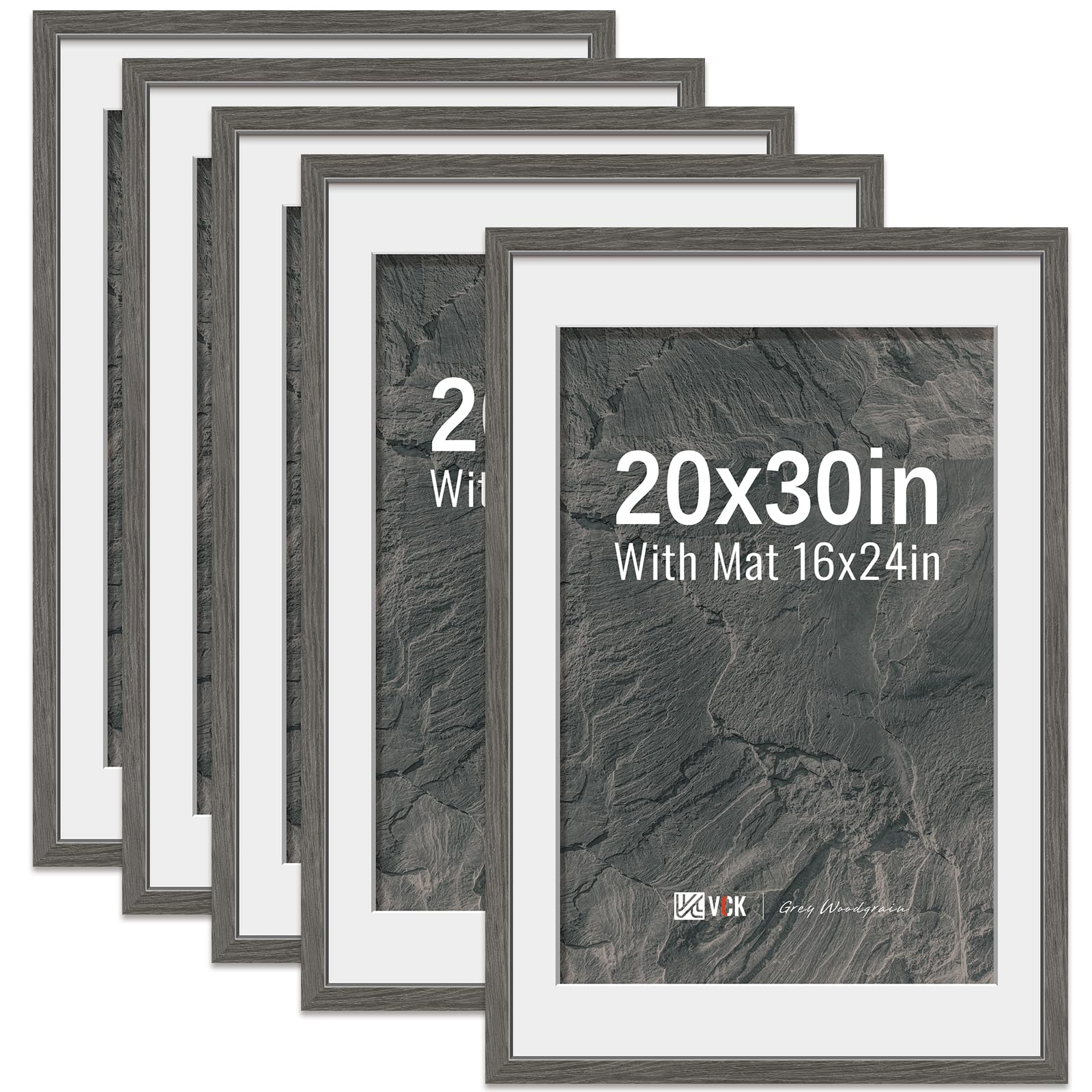 VCK 20x30 Poster Frame 5 Pack - Grey, High-End Wood Picture Frames with Polished Plexiglass, Display 16x24 Photo with Mat or 20x30 without Mat, Art Gallery-Quality, Wall Hanging, Grey Image