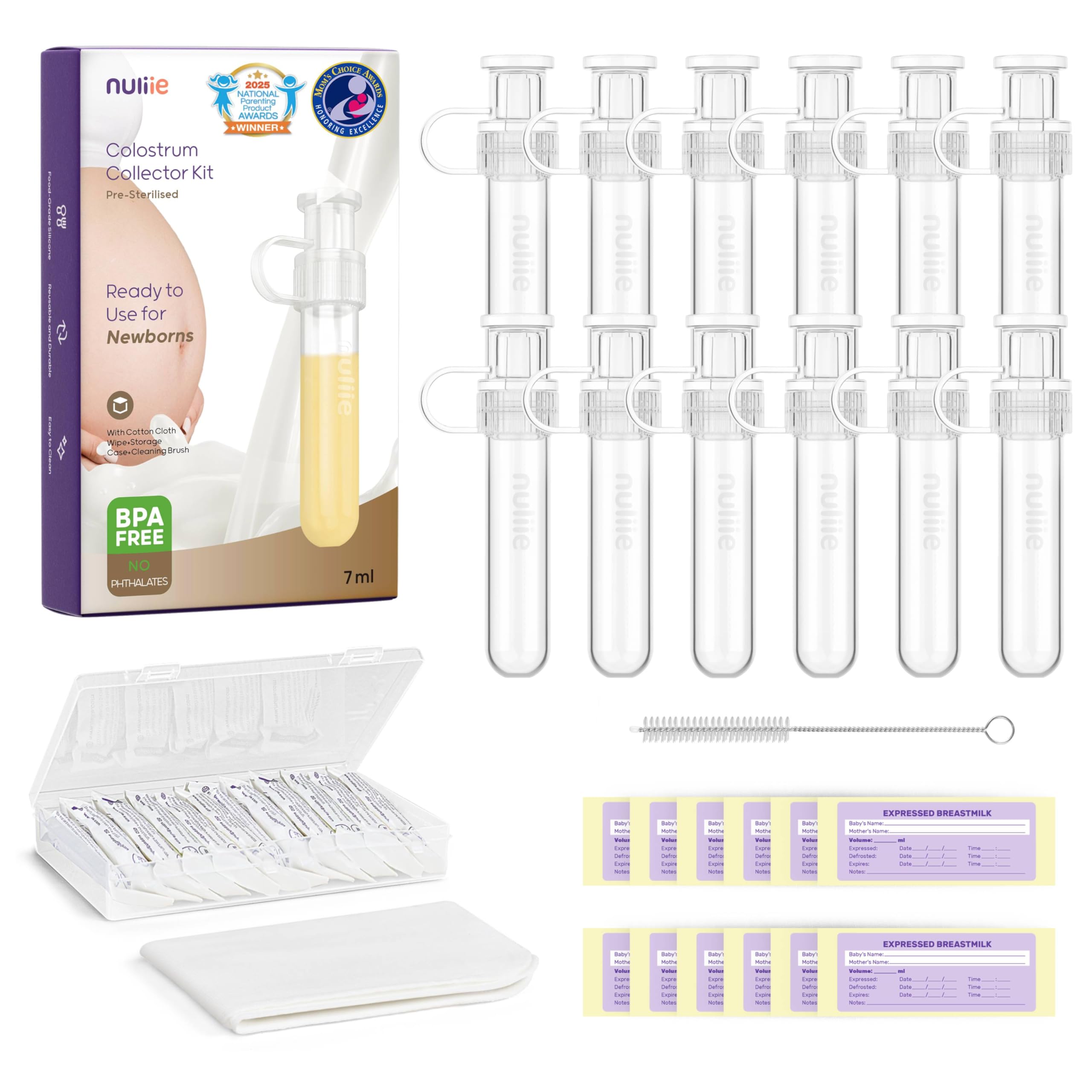 Nuliie Colostrum Collector Kit 7ml/12pcs, Leakproof, Reusable Breast Milk Collector, Heat & Freezer Resistant, BPA-Free, With Cotton Cloth Wipe, Storage Case, Cleaning Brush -Ready-to-Use for Newborns