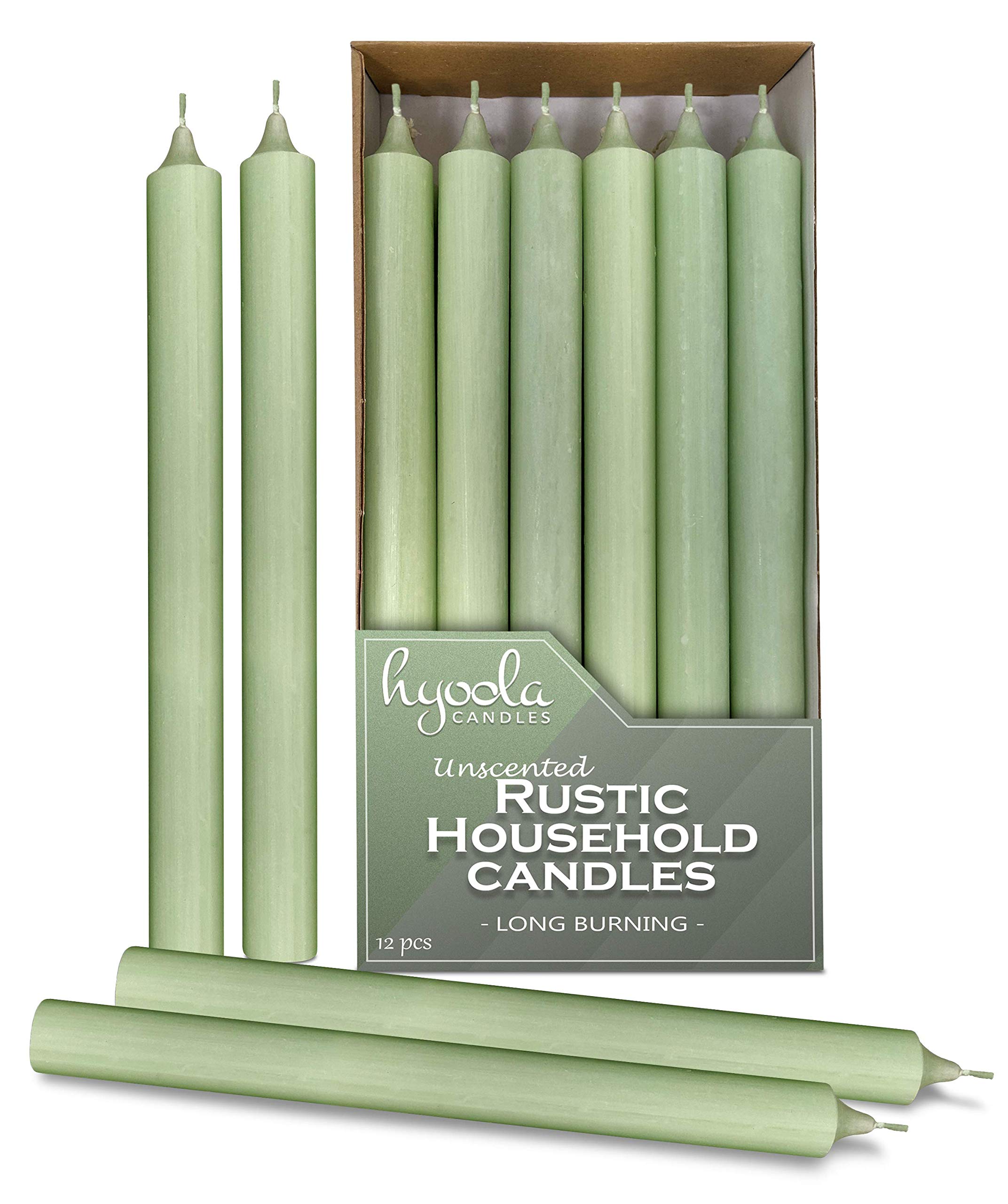 Hyoola Light Green Dinner Candles - 250 mm (10 Inch) Tall - 12 Pack - Rustic Unscented - 10 Hour Burn Time