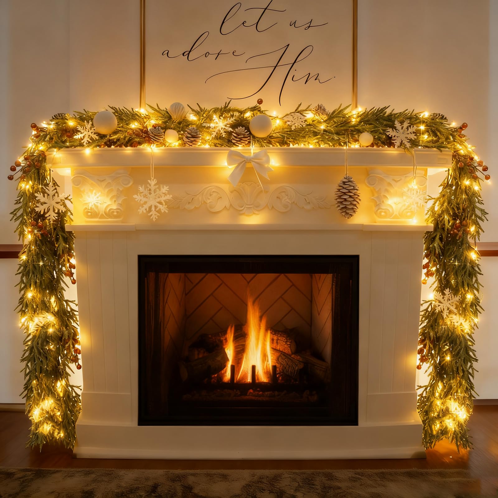 Photo 1 of 6FT Christmas Garland with Lights, Pre-Lit Artificial Pine Garland with Red Berries, Lighted Flocked Garland for Table Mantle Fireplace Door Stairs Windows Wall Indoor Outdoor Holiday Christmas Decor