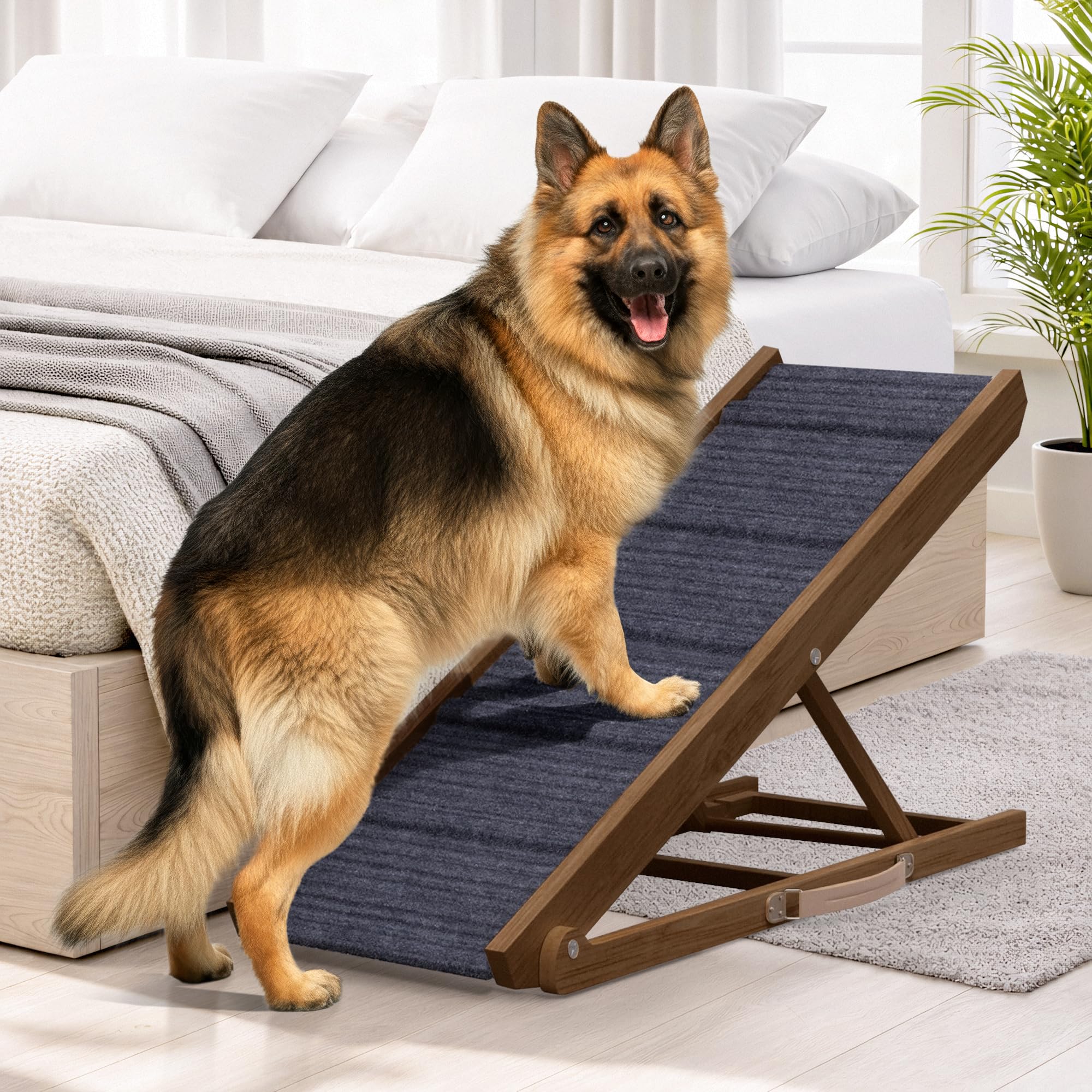Photo 1 of **NO BOX***PATHOSIO PETS Adjustable Dog Ramp for Bed - 39" Long Foldable Wooden Ramp for Dogs to Get on Bed, Couch, or Car with 13.4" Wide Walking Space (Walnut Wood with Gray Carpet, Medium)