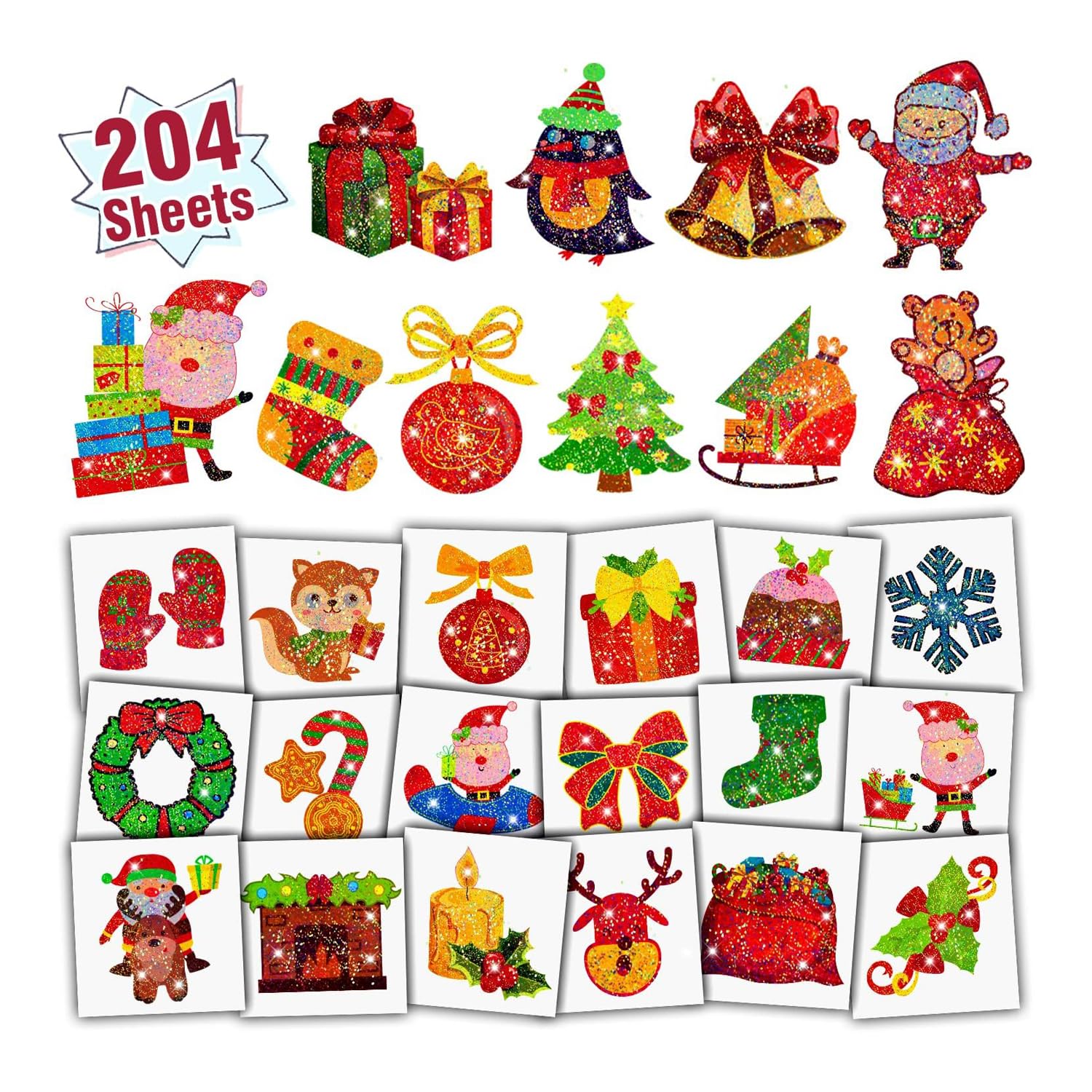 Leesgel Christmas Glitter Tattoos for Kids, 204 Sheets Individually Wrapped Temporary Tattoos for Christmas Stocking Fillers Stickers, Xmas Tree Decorations Toys Ornaments Party Supplies Crafts