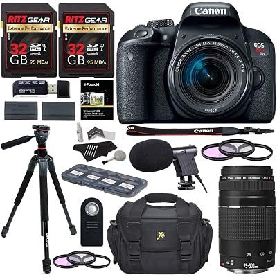 Canon EOS Rebel T7i Digital SLR Camera 18-55mm STM Lens  Canon EF 75-300mm III Lens  Ritz 64GB  60 Tripod  Filter Kit  Bag  Microphone  Accessory