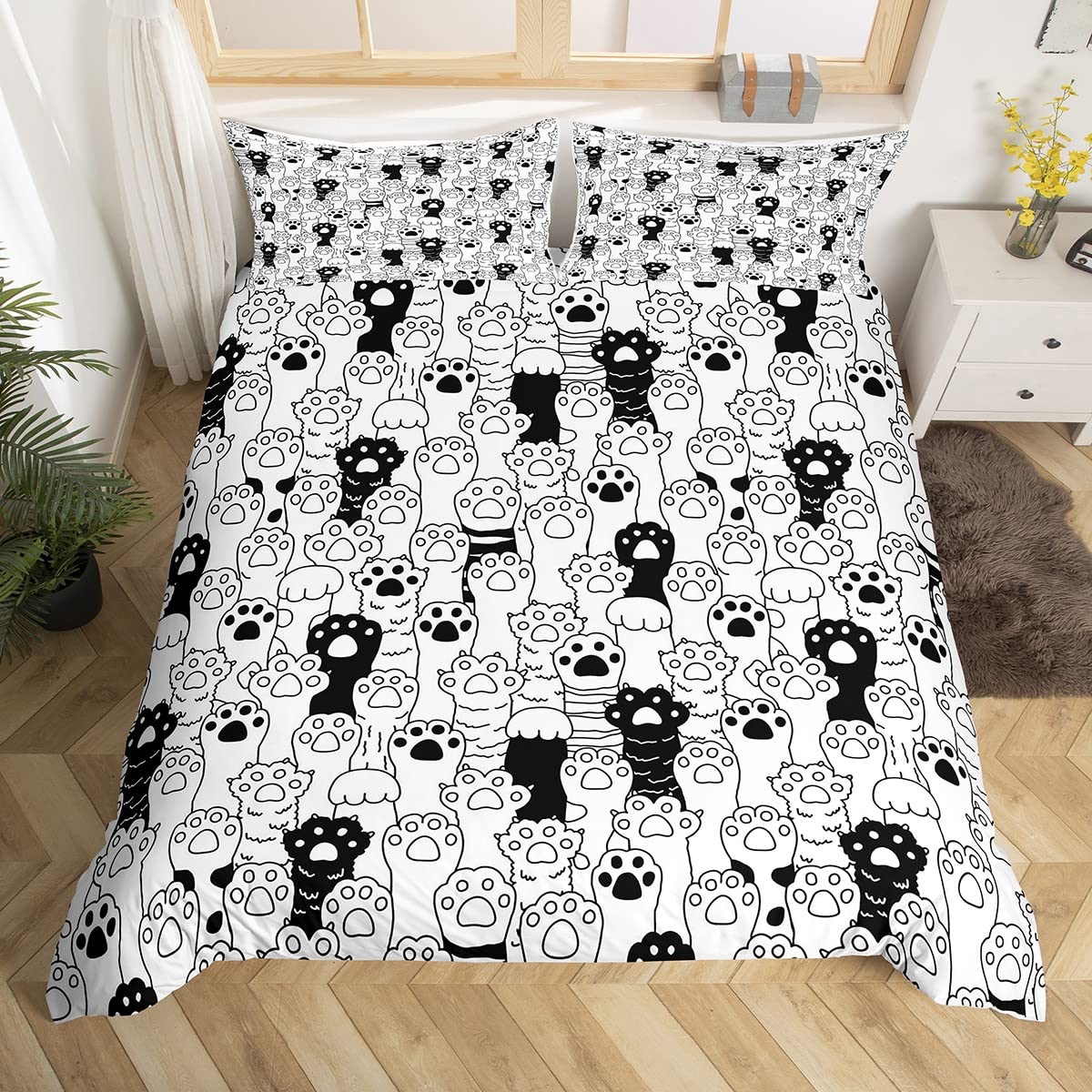 Homemissing Cats Duvet Cover Set Cute Cartoon Cat Paw Bedding Set for Kids Boys Girls Pet Cat Design Comforter Cover Lovely Animals Quilt Cover 3Pcs Double Size