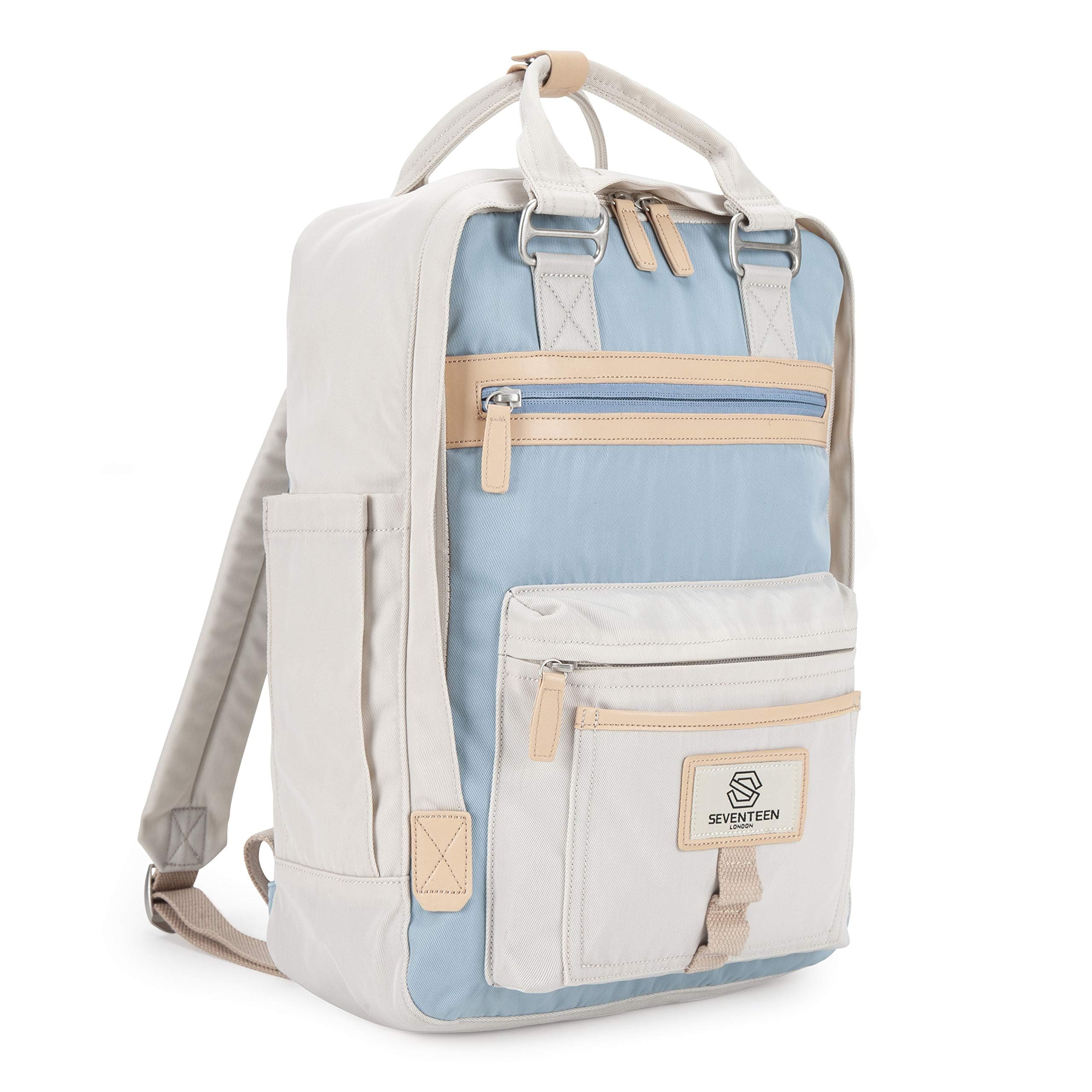 SEVENTEEN LONDON – Modern Urban Unisex Cream & Light Blue 'Wimbledon' Backpack in a Classic Slim Simple Design – Fits Laptop up to 13”