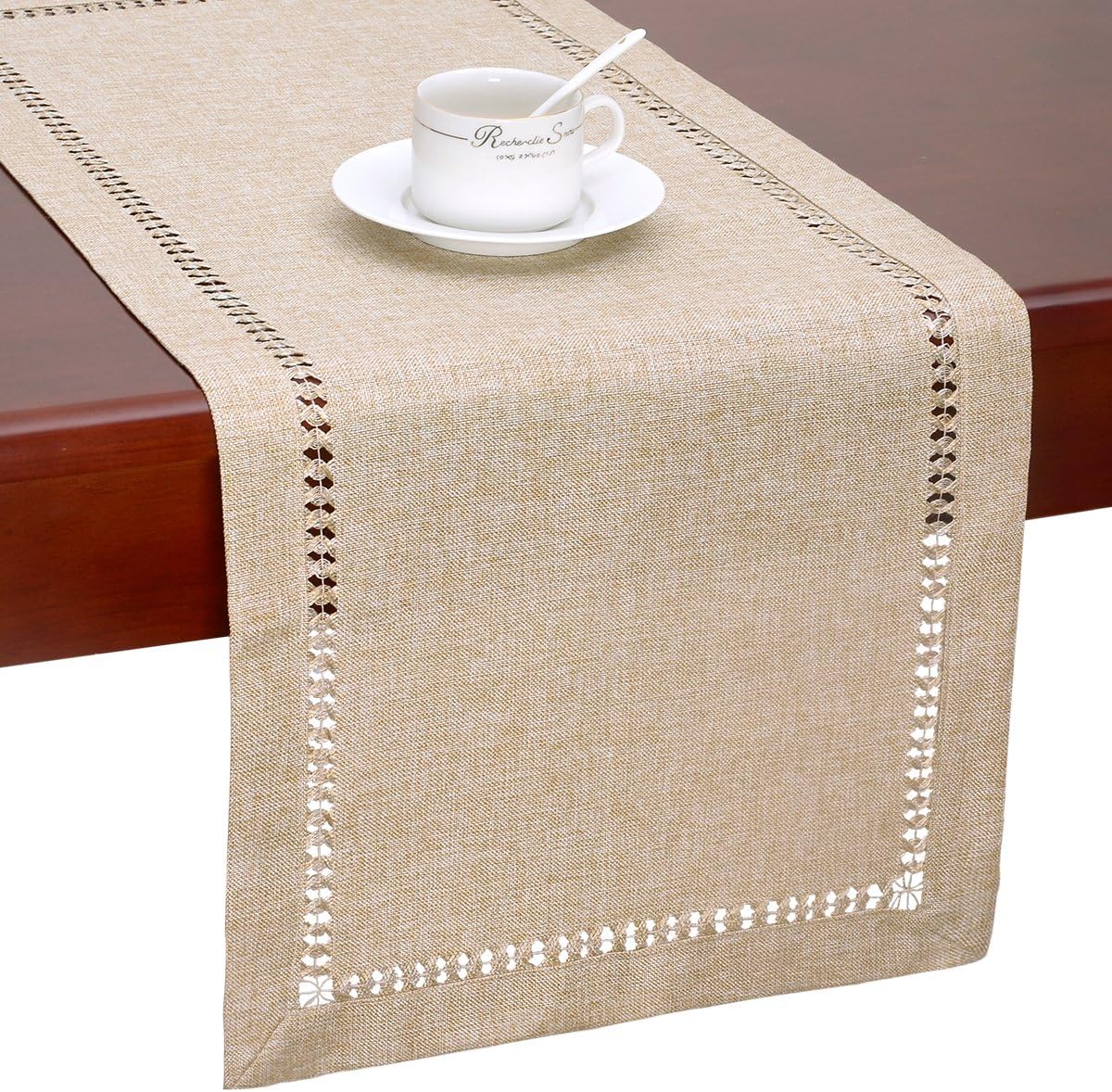 Grelucgo Handmade Hemstitch Beige Table Runner Or Dresser Scarf, Rectangular 14 by 36 Inch: Home & Kitchen