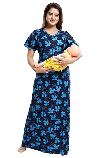 Women's Chex Print Invisible Zip Feeding/Maternity Cotton Nighty/Night Gown.(Size:Free Length:54