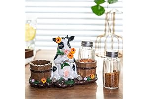 Rustic Farmhouse Salt & Pepper Shakers - Resin Cow Figurine with Glass Spice Jars - Adorable Kitchen Décor