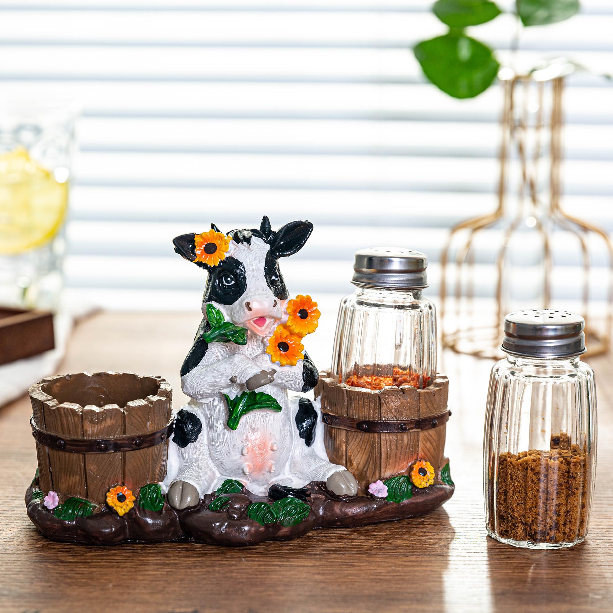 Photo 1 of Rustic Farmhouse Salt & Pepper Shakers - Resin Cow Figurine with Glass Spice Jars - Adorable Kitchen Décor