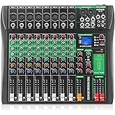 MIZISNR 8 Channel Audio Mixer, Professional DJ Mixer Board Sound Music Mixing Console Digital Mixer with Reverb, Bluetooth, USB Port, 48V Phantom Power for Recording Karaoke Podcasting