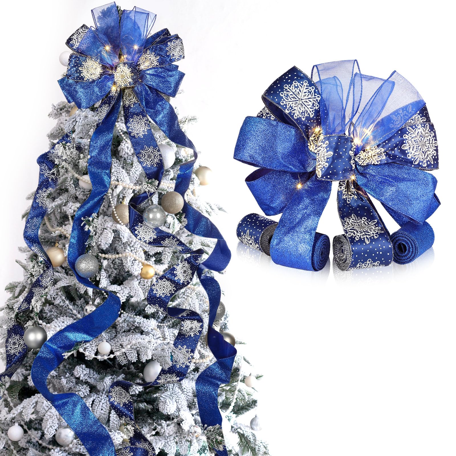 Photo 1 of Large Christmas Tree Topper Bow 12.6 X 118 inch Lighted up Christmas Bow with 4 X 3 Yards Ribbon Streamers for Xmas Christmas Tree Decor(Blue)