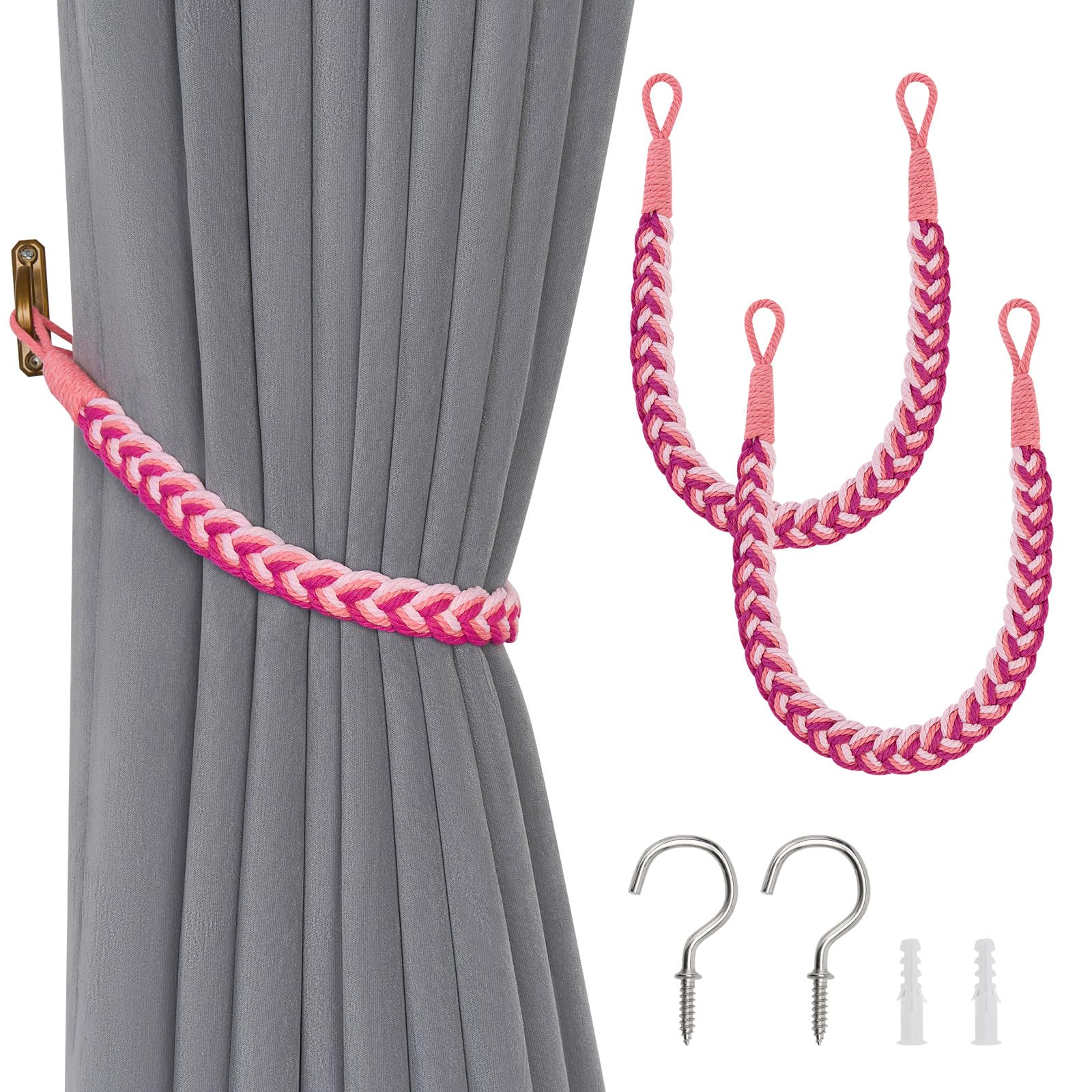 Pretty Jolly 2 Pack Natural Cotton Rope Curtain Tiebacks Elegant Boho Style Decorative Drape Tie Backs Soft Hand-Woven Rope Curtain Holdbacks with Metal Hook for Home Office Drapery (Gradient Red)