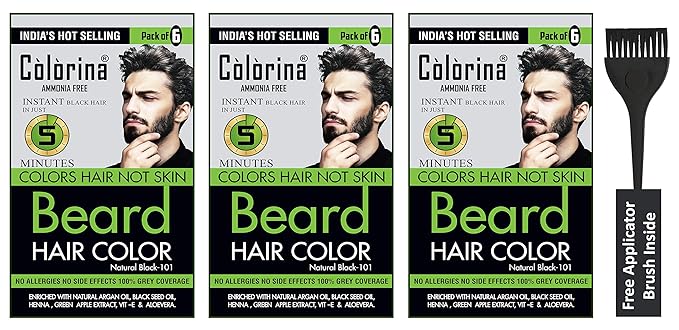 Colorina Men's Beard Color, Natural Black 101 (10ml X 6 Sachet, 3 Boxes) | Ammonia Free | Colors Hair not Skin | Instant Beard Color in Just 5 Minutes