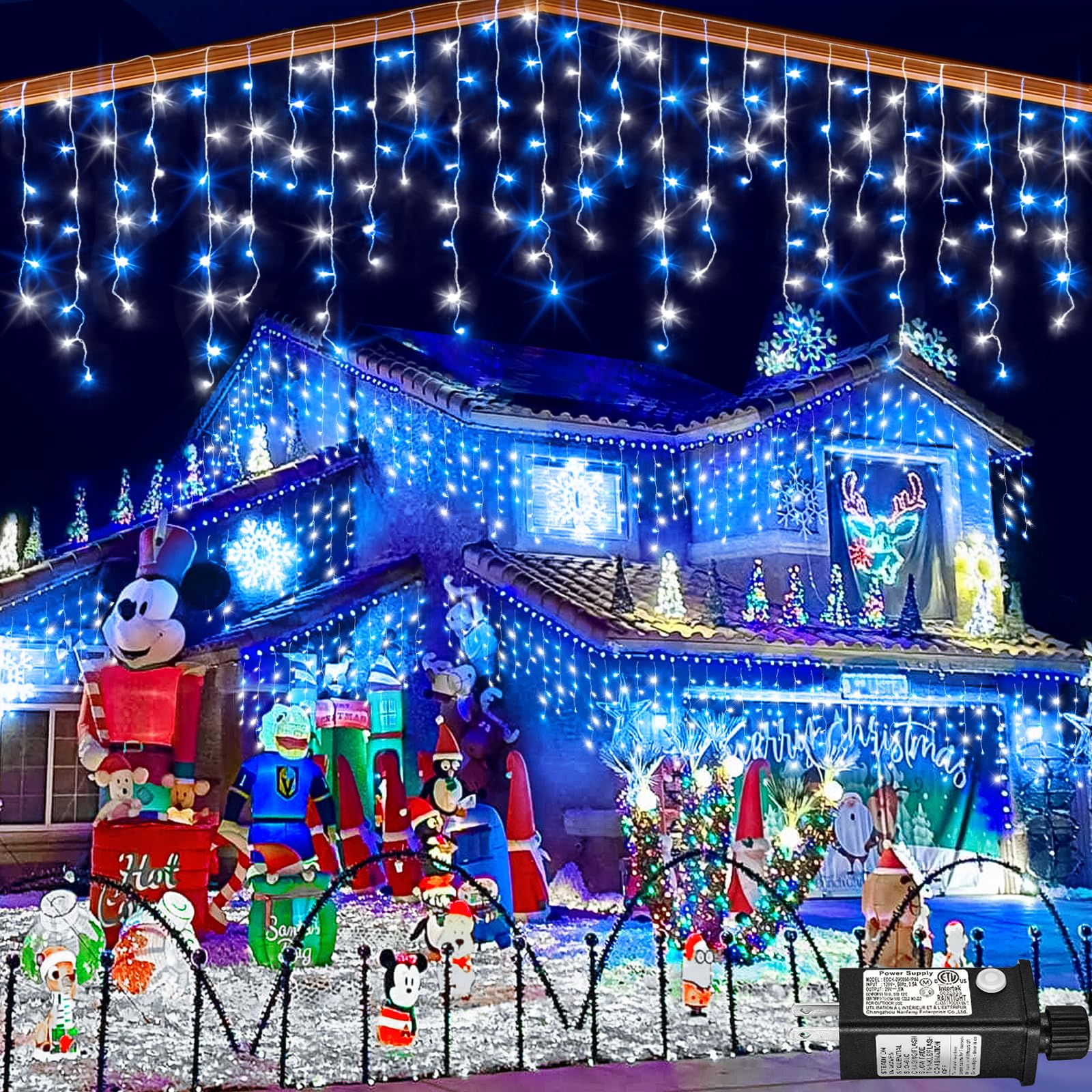 Photo 1 of 66ft Icicle Lights for Outside, Blue and White Christmas Lights Outdoor Indoor, 640 LED Twinkle String Light with 120 Drops Short Curtain Lights for Thanksgiving Room Home Wall Bedroom Window Decor