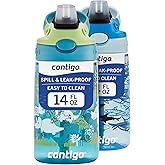 Contigo Aubrey Kids Water Bottle, 2-Pack, 14oz, Dinos & Sharks, Spill-Proof Lid, Dishwasher Safe, Blue & Green
