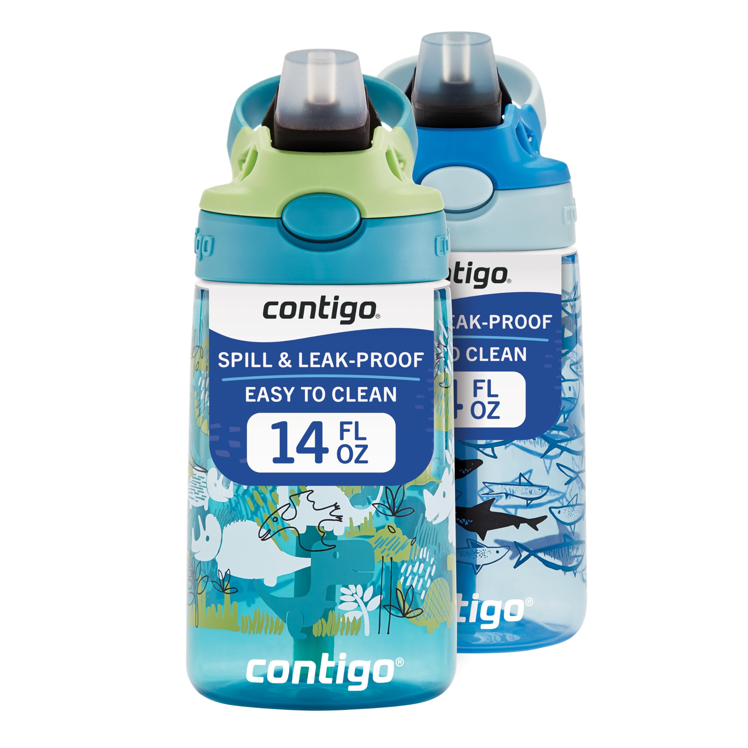 Photo 1 of Contigo Aubrey Kids Dinos & Sharks Cleanable Water Bottle with Silicone Straw Spill-Proof Lid Dishwasher Safe 14oz 2-Pack