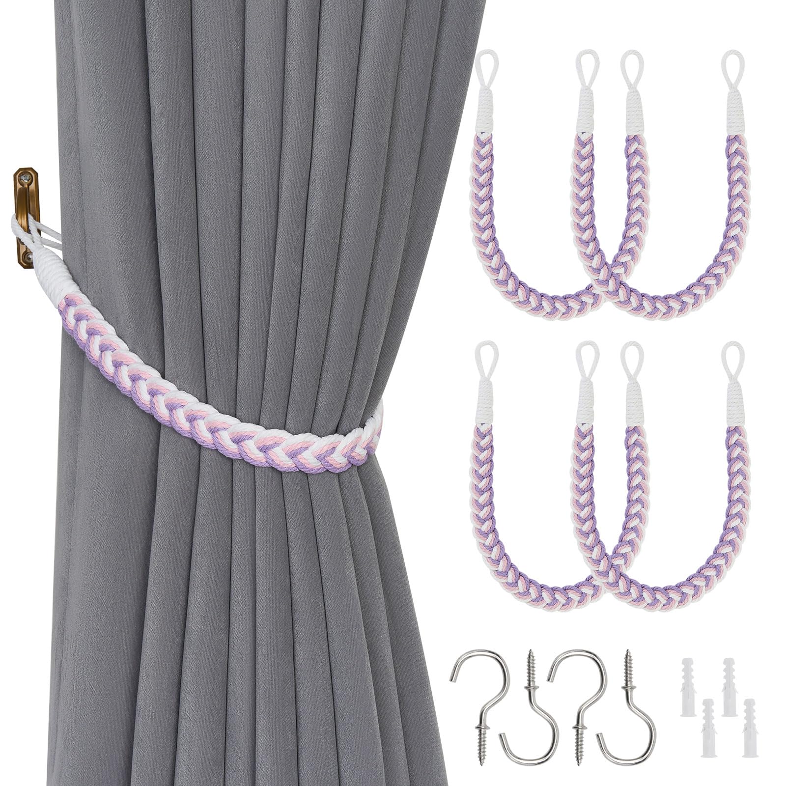 Pretty Jolly 4 Pack Natural Cotton Rope Curtain Tiebacks Elegant Boho Style Decorative Drape Tie Backs Soft Hand-Woven Rope Curtain Holdbacks with Metal Hook for Home Office Drapery (Purple & White)