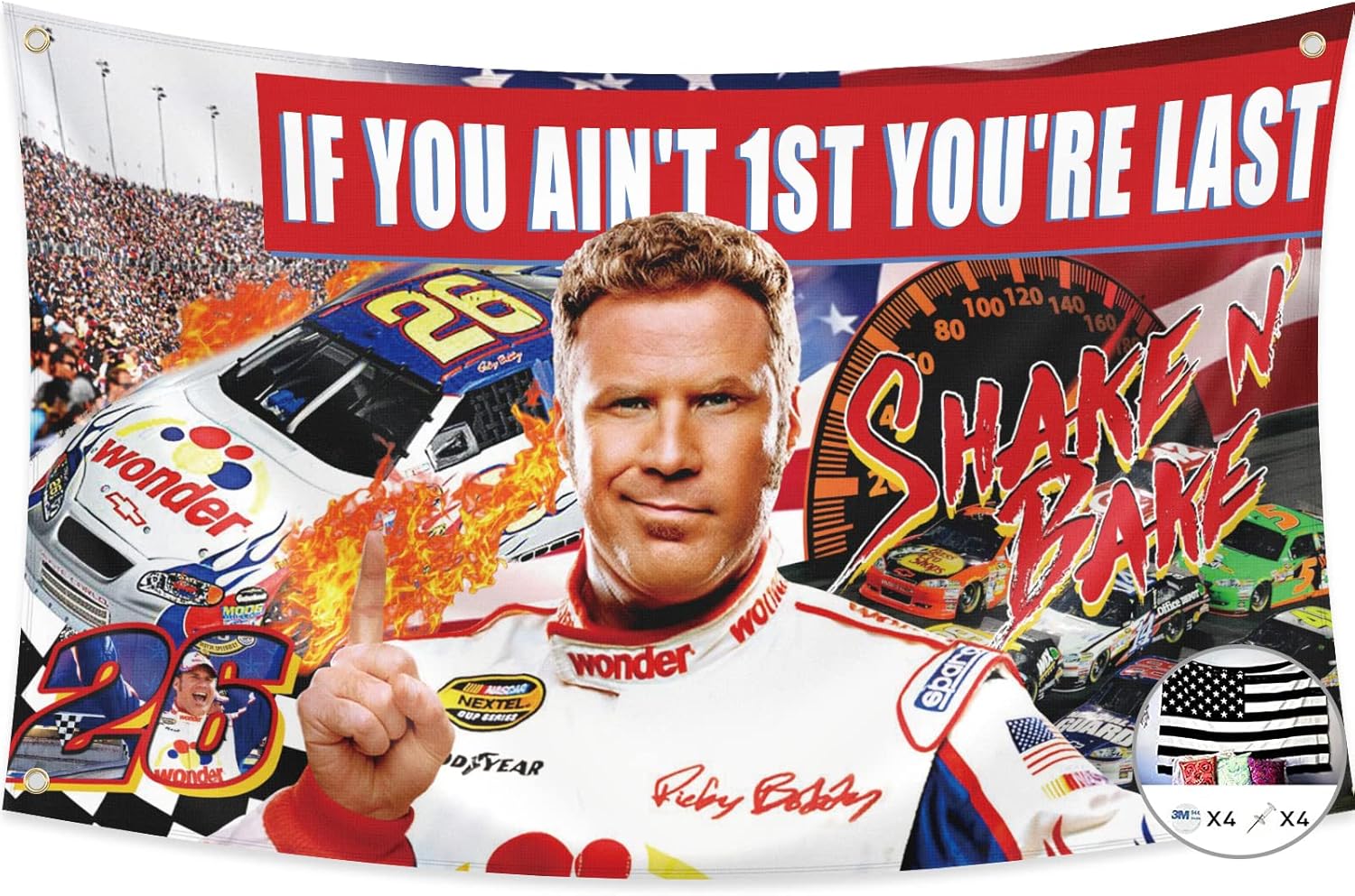 Tapestries - If You Ain't 1st First You're Last Flag for Talladega Nights Ricky Bobby 3x5 Feet Banner Shake N Bake Funny Poster Durable Cool Flag Man Cave Wall Decor with Brass Grommets for College Dorm Room