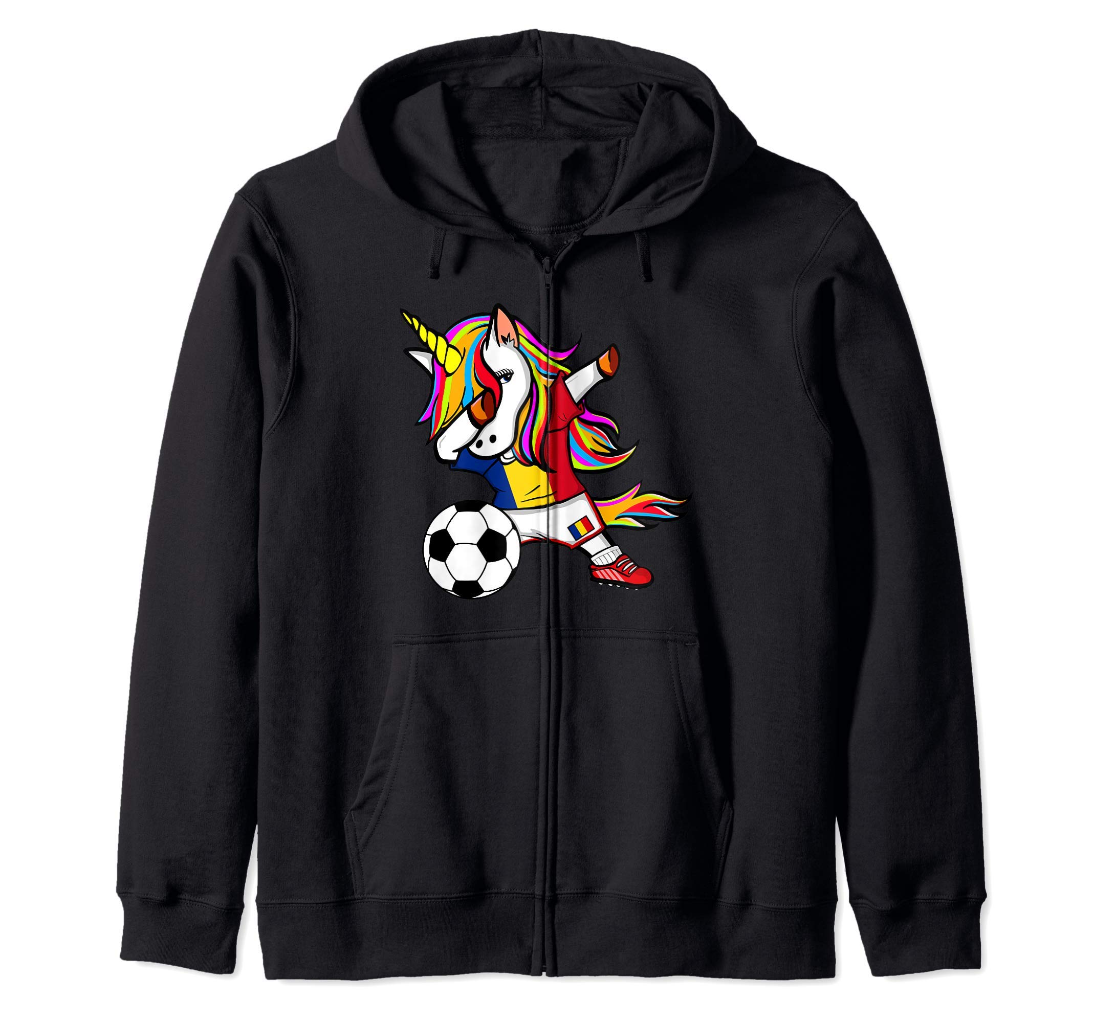 Dabbing Unicorn Romania Football - Romanian Flag Soccer Zip Hoodie