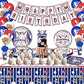 Sekeline Baseball Party Supplies, Paper Plates Napkins Cups Knives Spoons Forks Tablecloth Balloons Banner Cupcake Toppers for Birthday Party Baseball Party Decorations 113 Pieces