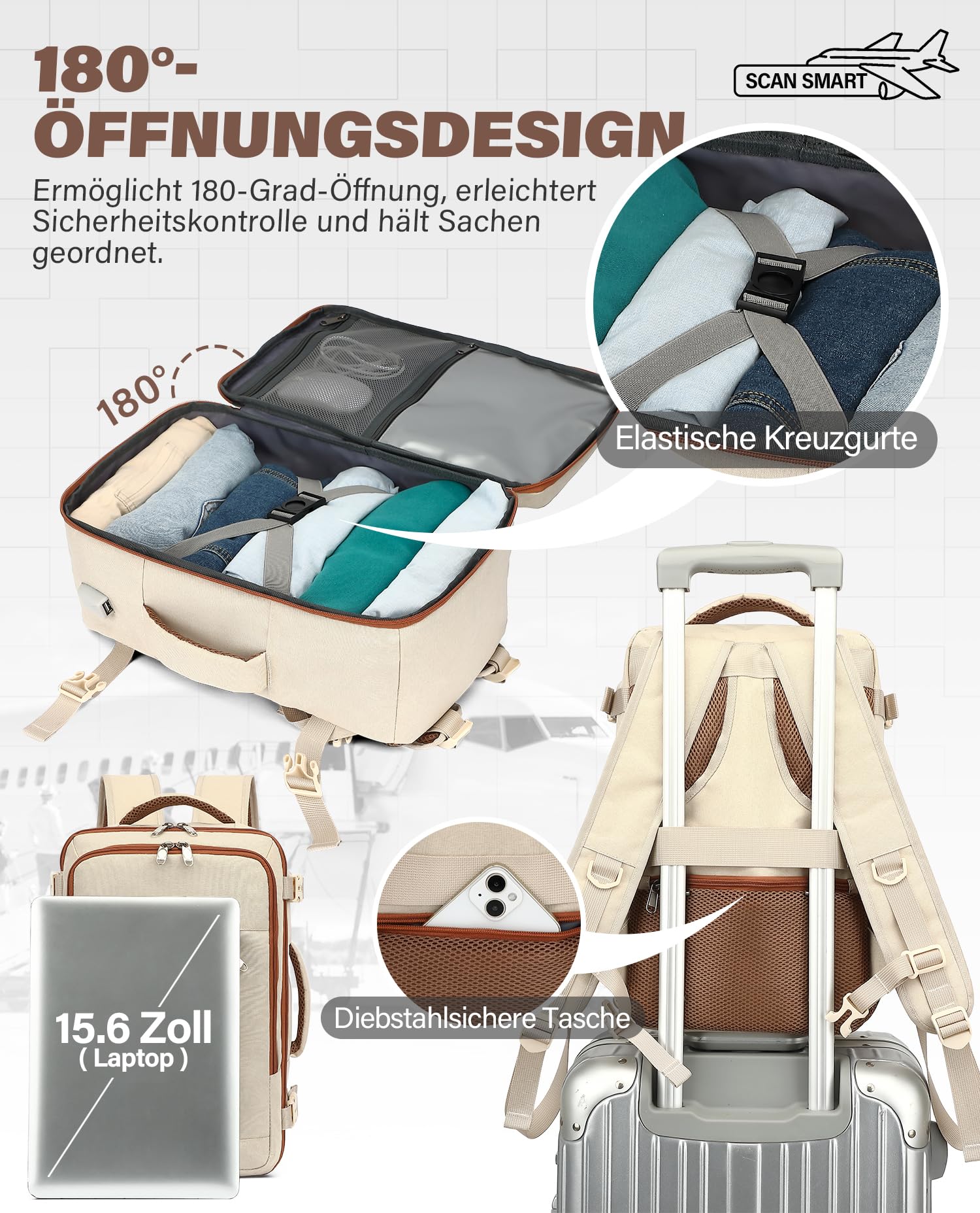VANKEV für Easyjet Handgepäck 45x36x20 Laptop Rucksack Reiserucksack Handgepäck Tasche Rucksack 15.6 Zoll Laptop Backpack für Herren Damen Beige 6