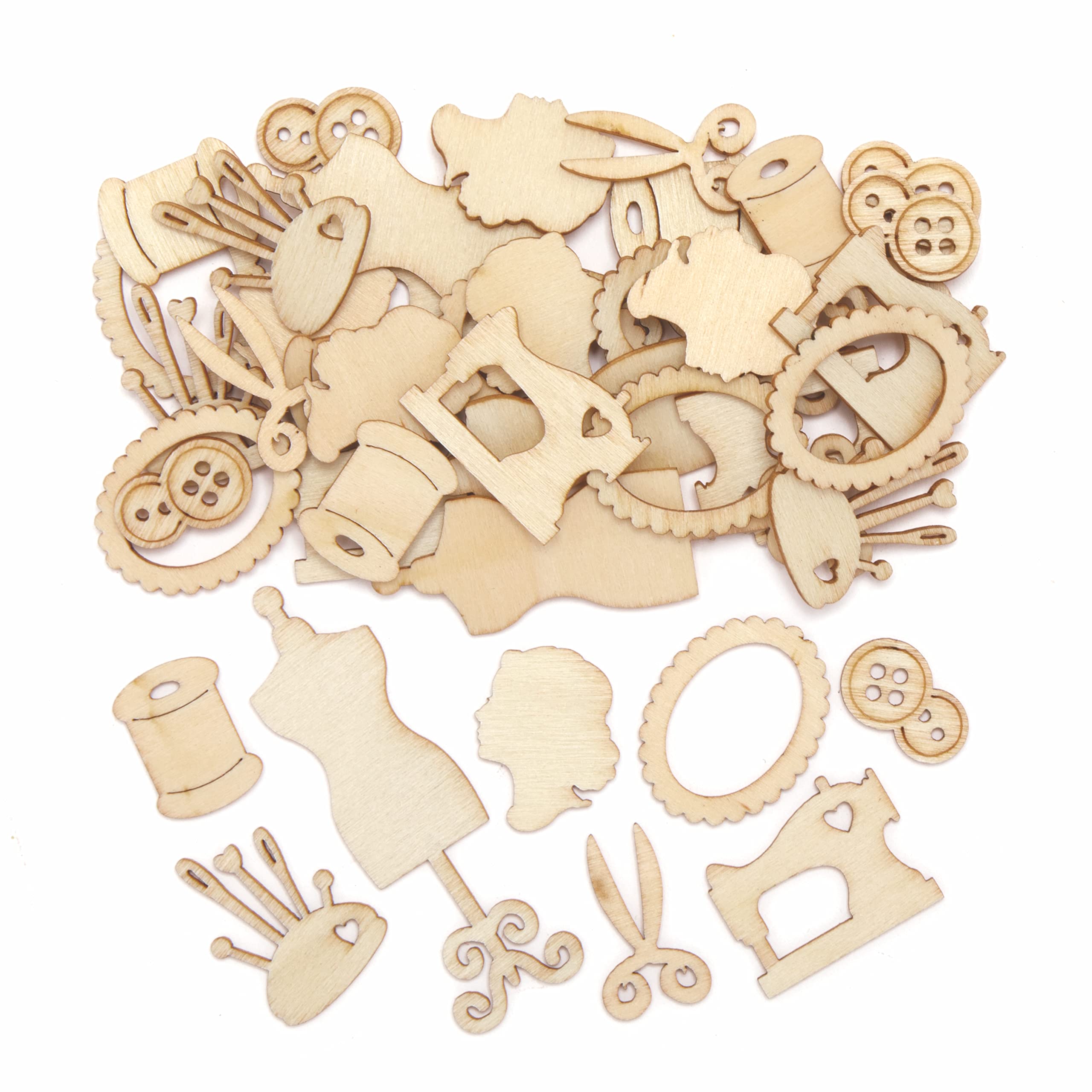 Baker Ross AX893 Dressmaker Mini Shapes - Pack of 64, Woodcrafts for Kids to Design, Paint, Decorate and Then Use for Embellishments or Card Crafts