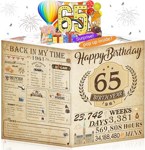 OLOSONG 65th Birthday Card for Men Women, 3D Pop Up 65th Birthday Decorations for Mother, 65 Years Old Birthday Gifts Ideas for Grandmother Dad Aunt Him Her Mom, Jumbo Back In 1961, Classy Vintage
