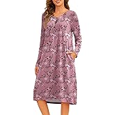 Becotal Nightgowns for Women Floral Print House Dresses Pleated Sleepwear Long Sleeve Sleep Shirts Mumu Dresses with Pockets