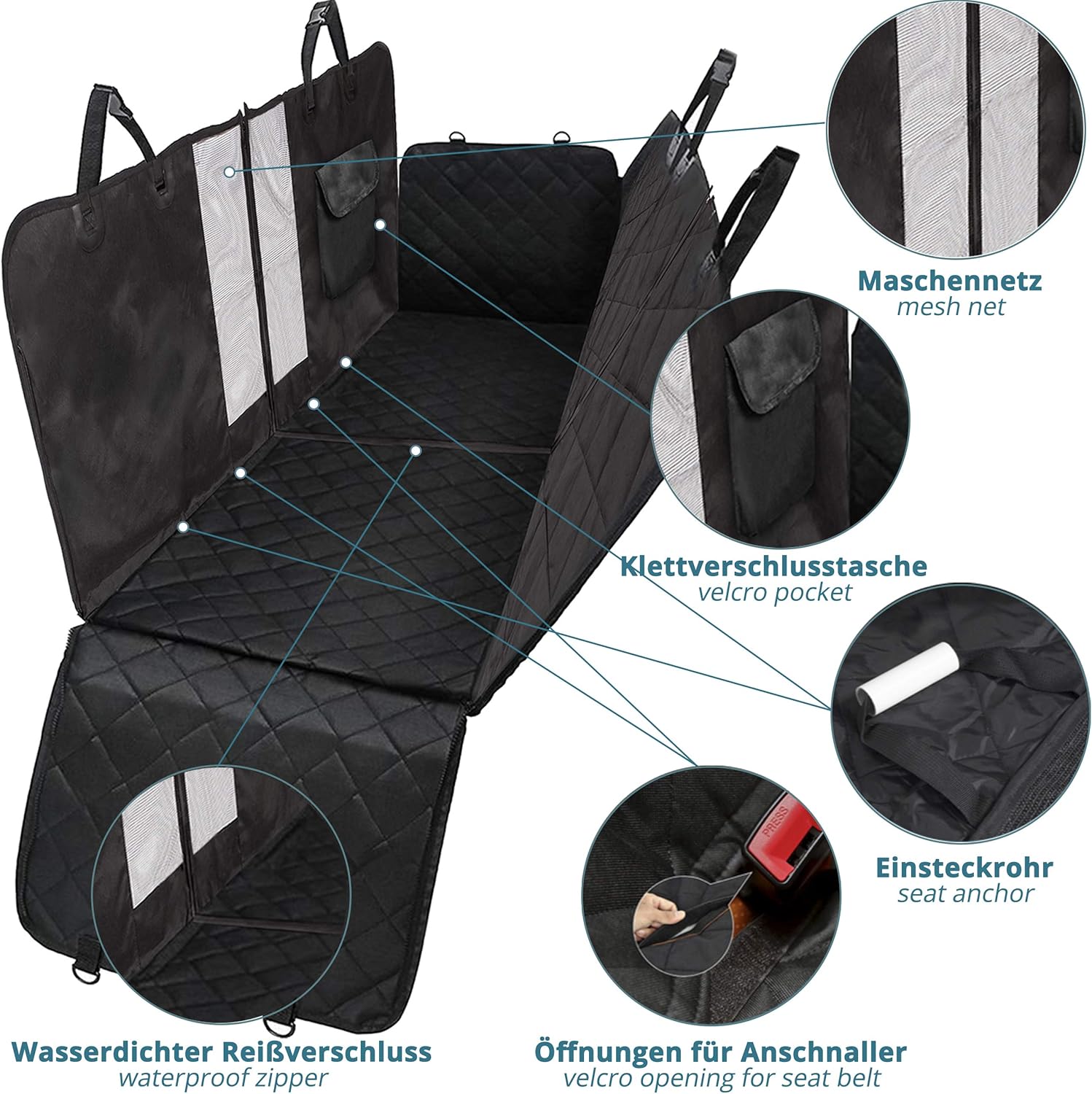 SmartPeas XXL Padded Dog Car Seat Cover - Universal, Robust, Detachable - Includes Dog Bowl & Brush - 165 * 142 * 50 Cm - Image 3