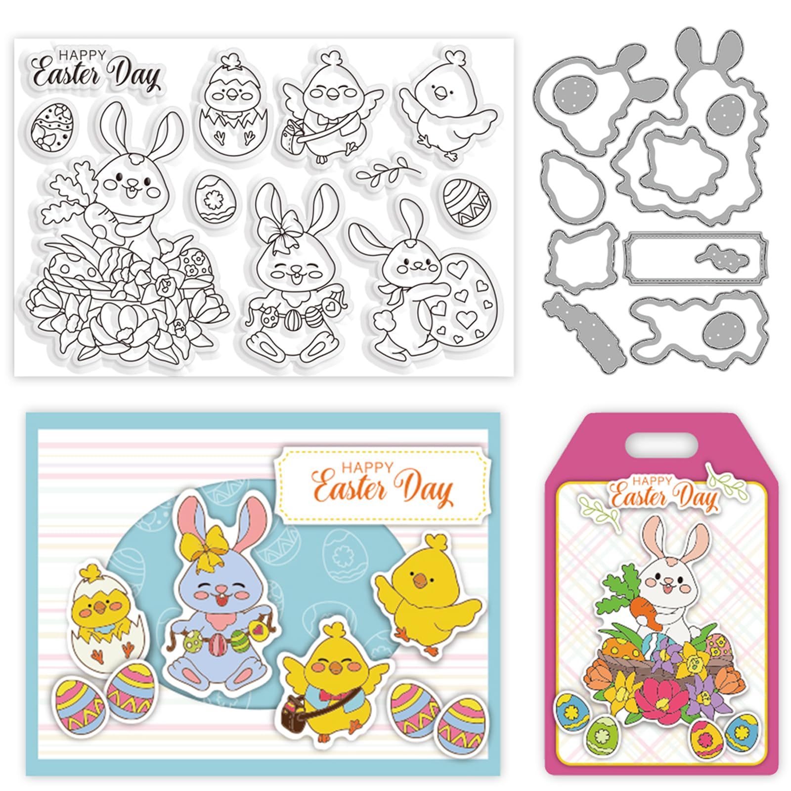 ORIGACH Easter Bunny Chicks and Eggs Clear Stamps and Dies Set for Card Making Happy Easter Day Silicone Silicone Stamps Cutting Dies for DIY Scrapbooking Craft Easter Card Decorative