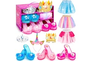 LIMIROLER Princess Dress Up Shoes Gift Set, Girls Dress Up Toys, Princess Role Play Costumes Kit Include Ice Unicorn Peach Princess Shoes, Skirts, Crowns Great Gifts for Toddler Little Girls Aged 3-6 Years Old
