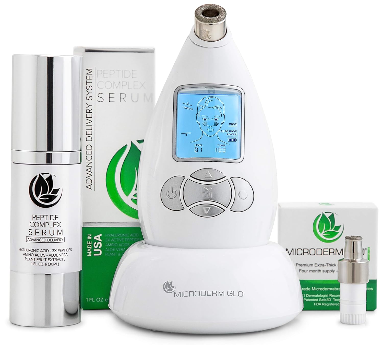 Microderm GLO Premium Skincare Bundle Includes Diamond Microdermabrasion System, 10mm Filters 100 pack, Peptide Complex Serum. Best Anti Aging Treatment Blackhead Remover and Pore Vacuum Kit (White): Beauty