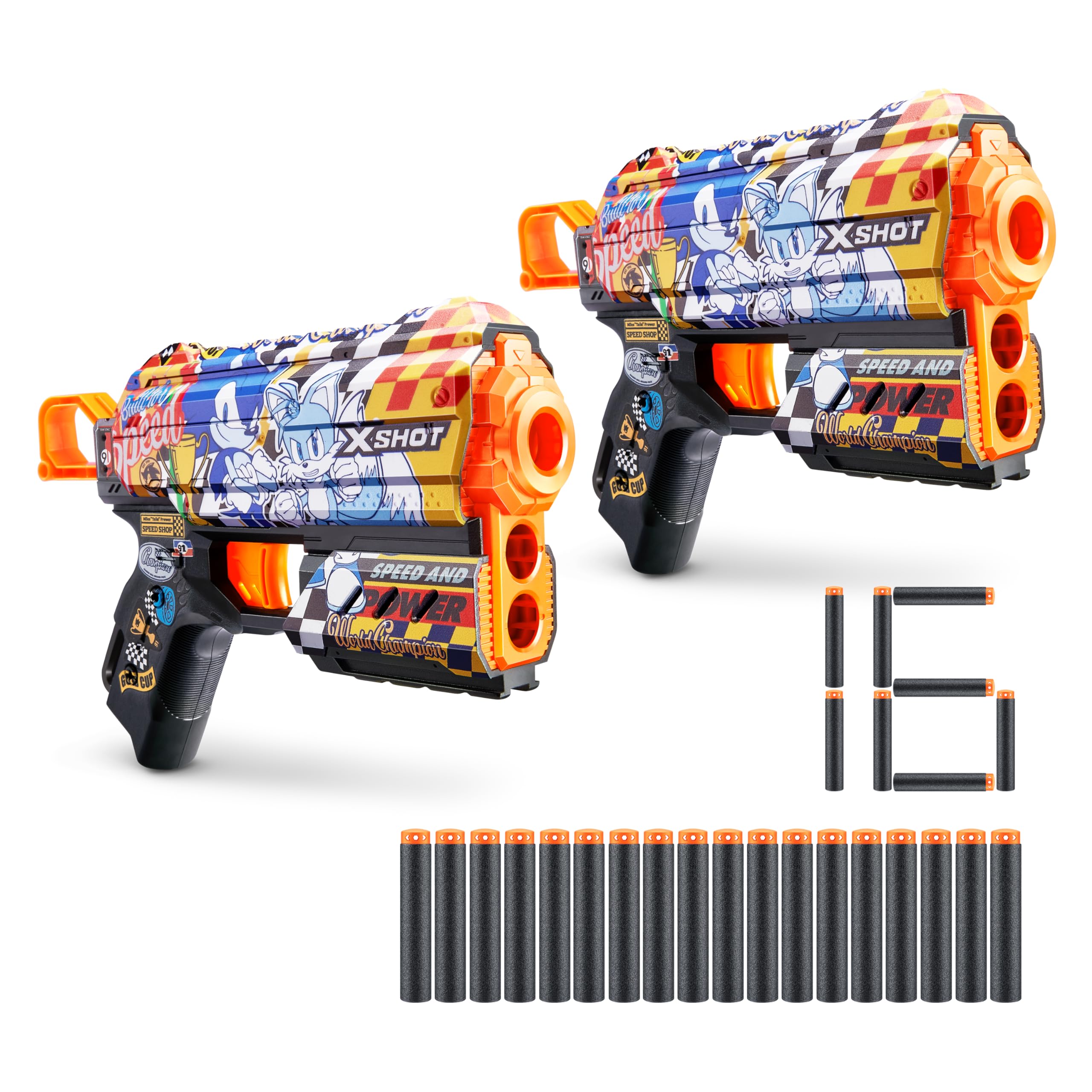 Pistolet XSHOT Skins Flux Sonic – 2 Pistolets + 16 Fléchettes – Tir Jusqu'à 27 M – Réplica Sonic – Cadeau Enfant