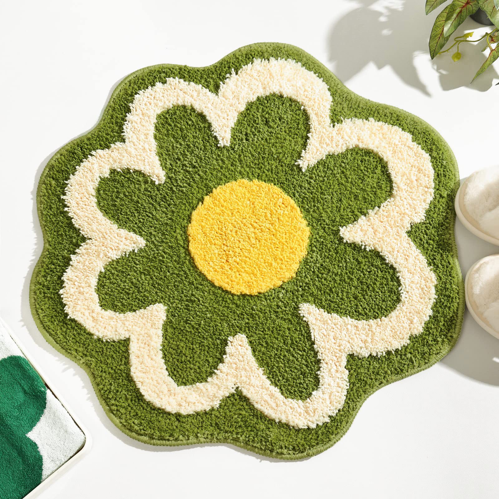 Photo 1 of TRUEDAYS Green Flower Shaped Bath Rug, Non-Slip Water Absorbent Bathroom Mat, Super Cute Machine Washable Bathroom Rug, Small Round Floral Soft and Fluffy Bath Mat