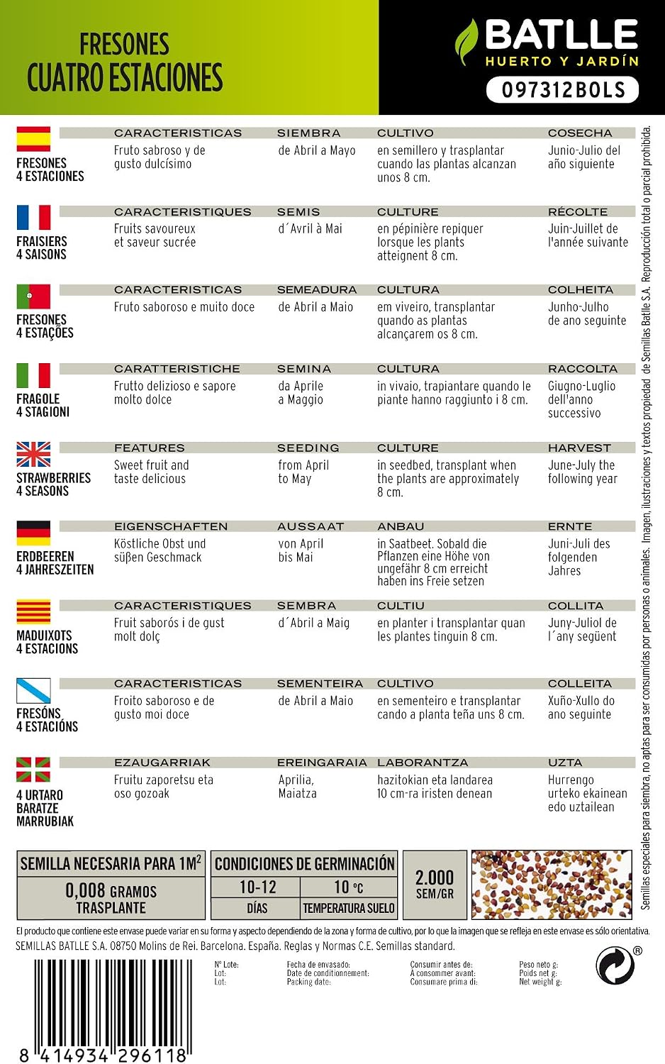 Semillas Hortícolas - Fresones 4 estaciones - Batlle: Amazon.es ...