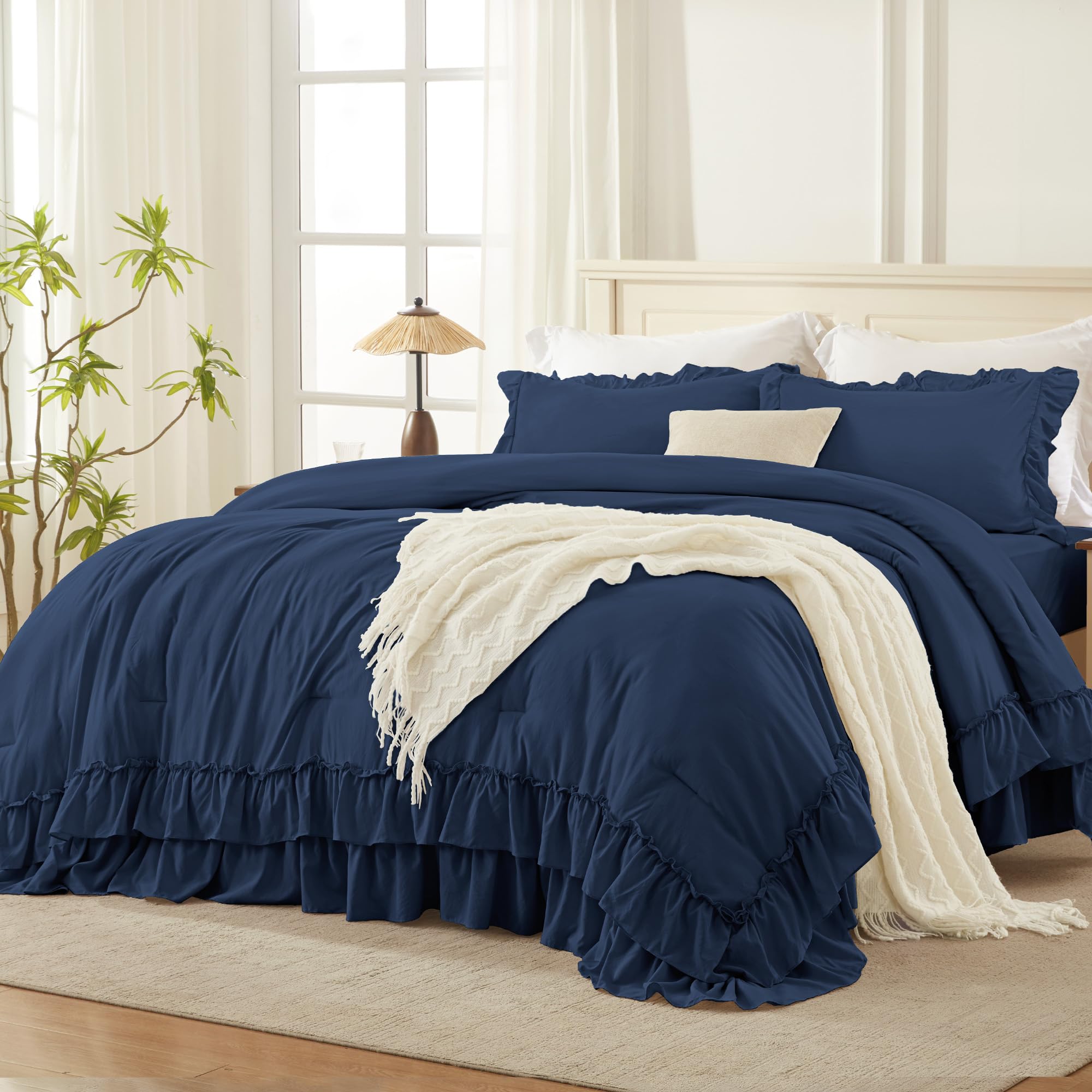 Photo 1 of Andency Navy Blue California King Comforter Set (104x96Inch), 3 Pieces Farmhouse Shabby Chic Ruffle Bedding Comforter Sets, Lightweight Fluffy Soft Microfiber All Season Bed Set