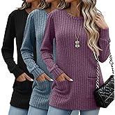 Sweetyweee 3 Pack Women's Long Sweaters with Pockets, Puff Long Sleeve Tunic Tops Crew Neck Ribbed Pullovers for Leggings
