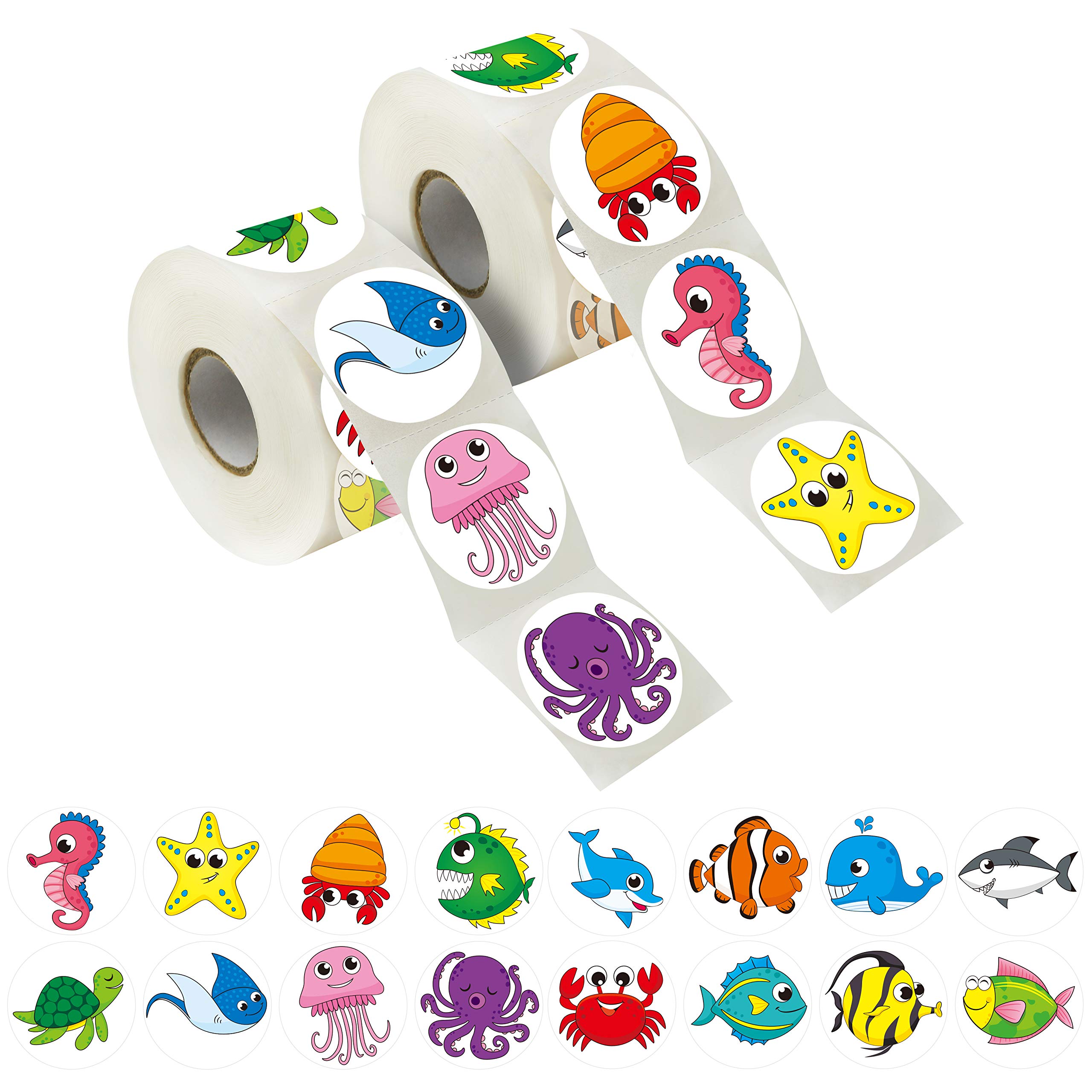 600 Adorable Round Sea Animal Stickers in 16 Designs with Perforated Line Expanded Version (Each Measures 1.5" in Diameter)