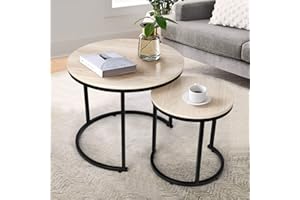 SMOOL Modern Nesting Coffee Table Set of 2 for Living Room Balcony Office, Round Wood Accent Side Coffee Tables with Sturdy Metal Frame, Easy Assembly（Natural）