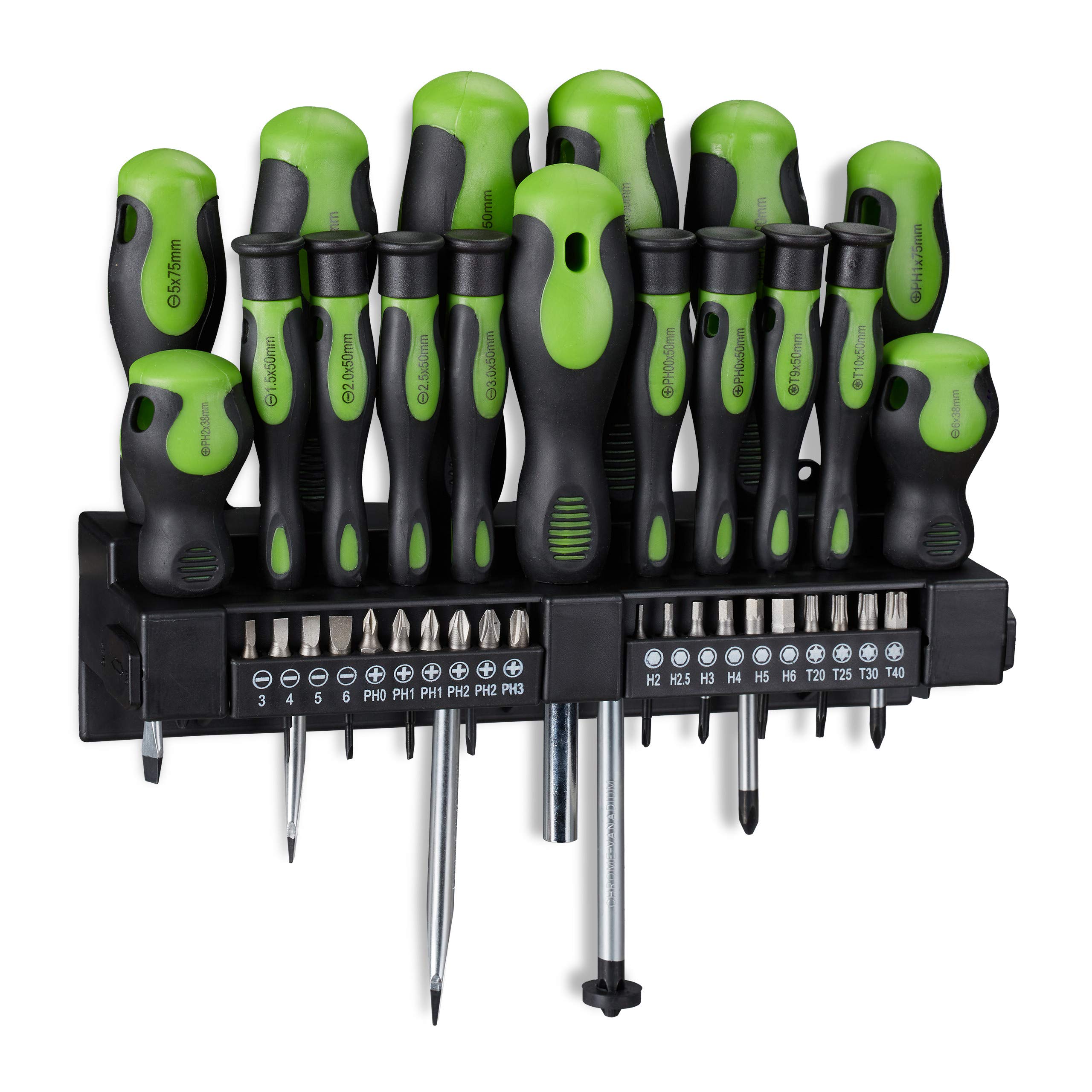 Relaxdays Screwdriver Set XXL, 37-Piece, Workshop & Garage Tools, Cross & Slot Wall Holder, Steel, Plastic, Black/Green