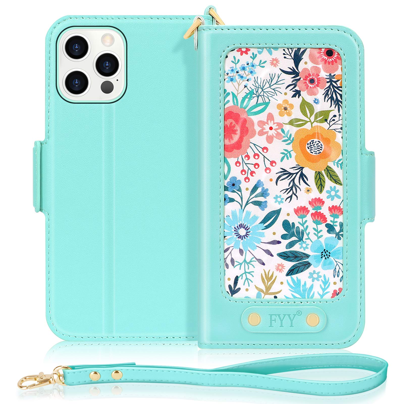 FYY Case Compatible with iPhone 12/12 Pro 6.1", [Kickstand Feature] Luxury PU Leather Wallet Case Flip Folio Cover with [Card Slots][Wrist Strap][Note Pocket] for iPhone 12/12 Pro 5G 6.1" Mint Green