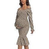 Maternity Spring Floral Midi Bodycon Dresses, Short Puff Sleeve Square Neck Ruffle Hem Mermaid Baby Shower Dress Brown L