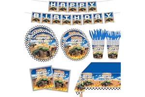 REJOICE BUNNY 122PCS Monster Truck Party Supplies for Kids Boys 1st 2nd Birthday Party Decorations Monster Car Bday Party Disposable Tableware Plates Napkin Cups Banner Tablecloth with Forks Knives Serves 20 Guests
