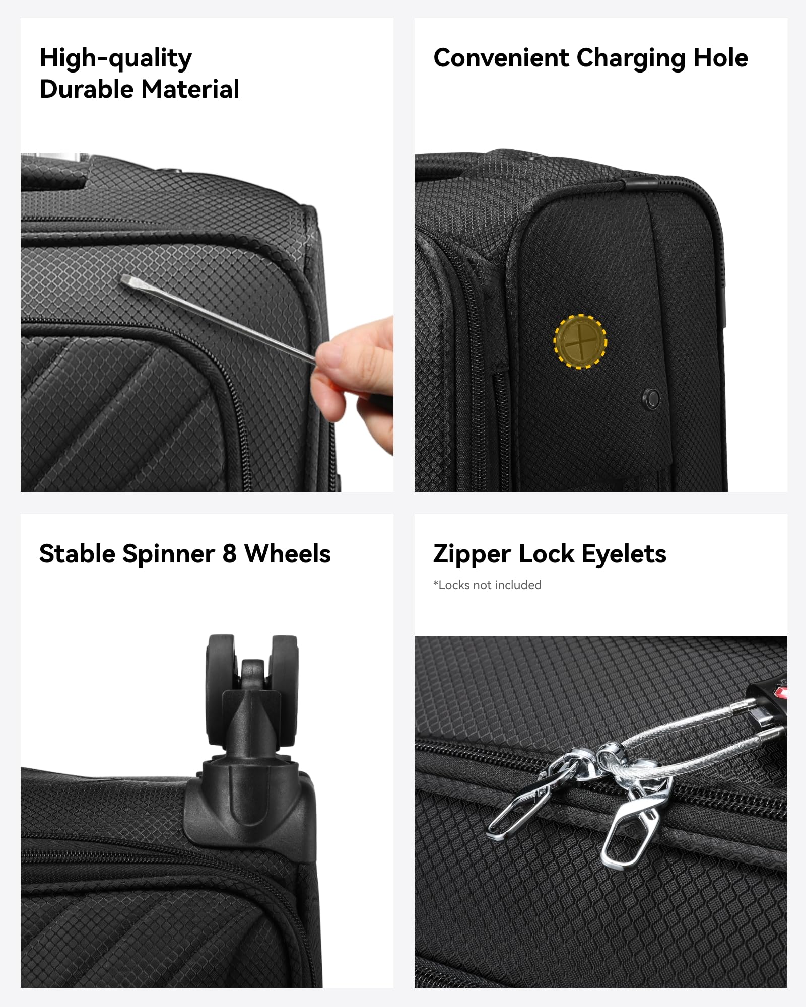 LUGGEX Carry On Luggage with Spinner Wheels - Stylish Lightweight Carry On Suitcase - Soft Sided 22x14x9 airline approved with Front Open Design for Travel, Business (Black, 20 Inch)