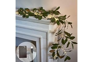 LITBLOOM Faux Magnolia Garland with Lights 6FT Battery Operated with Timer or USB Plug in, Lighted Greenery Garland with 80 Fairy Lights for Home Fireplace Mantle Holiday Decoration Inside